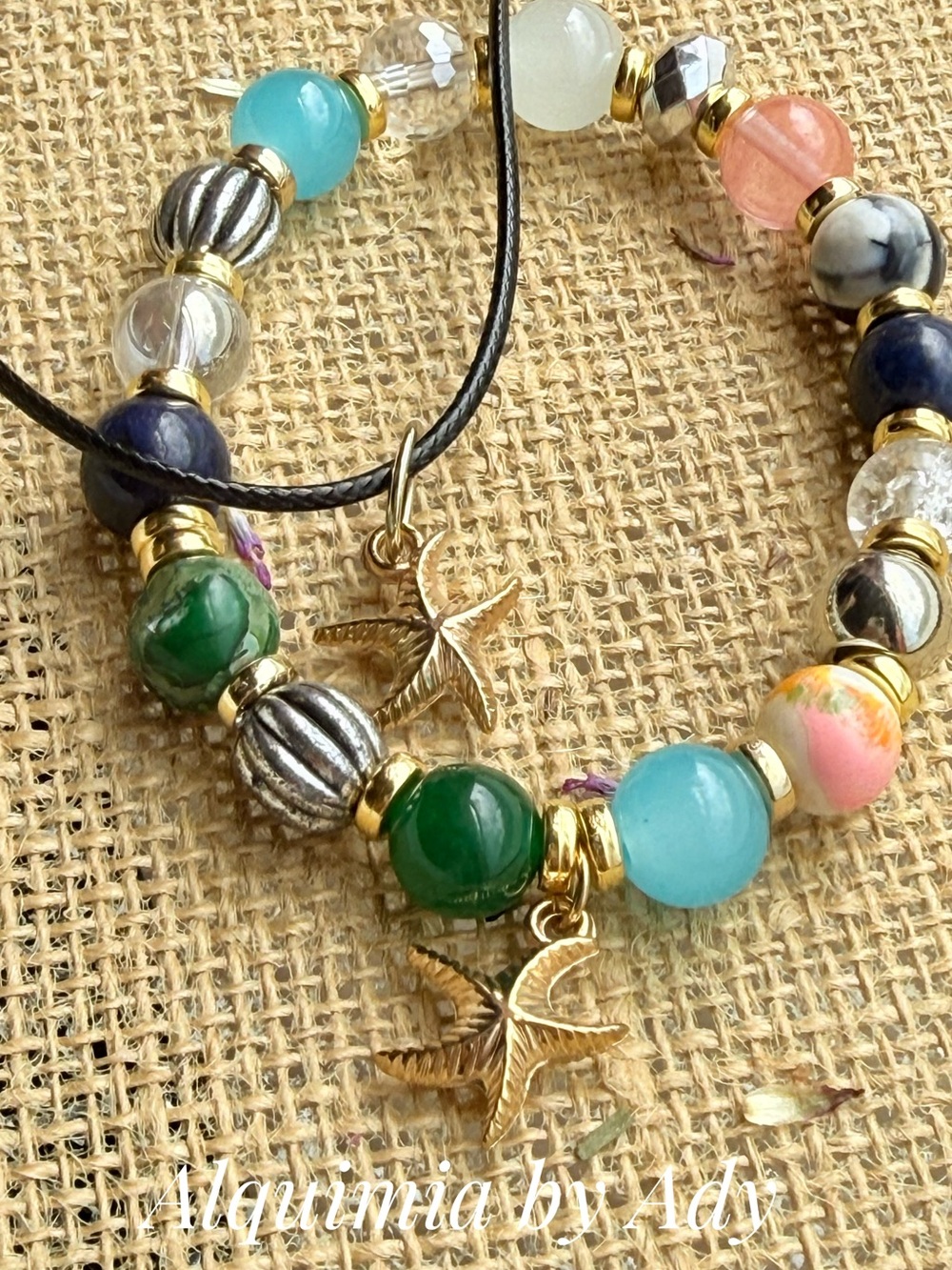 Beaded Bracelet with Gold Starfish choker Charms set